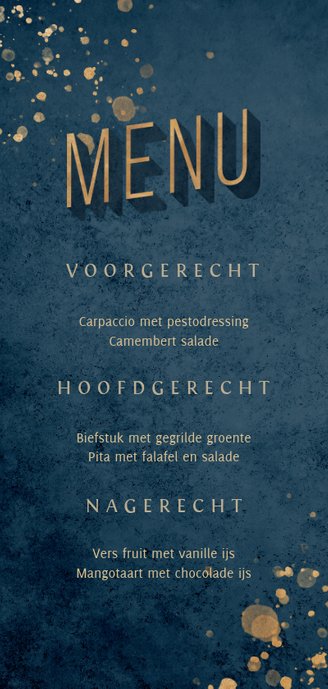 Menukaart donkerblauw met gouden accenten Achterkant