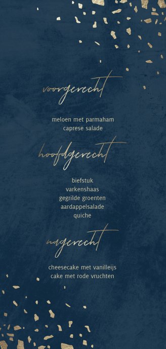 Menukaart donkerblauw met terrazzo patroon Achterkant