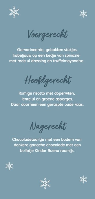 Menukaart kerstdiner pastel blauw met winterse elementen Achterkant