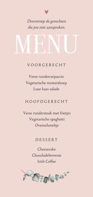 Menukaart klassiek bloemen roze gedroogd waterverf hartjes Achterkant