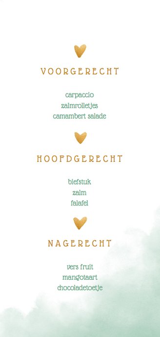 Menukaart 'MENU' met waterverf en gouden hartjes 3