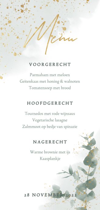Menukaart met groene waterverf, takjes en gouden typografie Achterkant