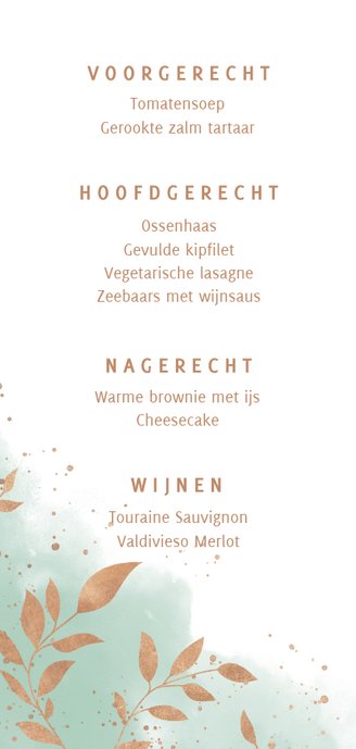 Menukaart met mint waterverf, koperkleur takjes en spetters Achterkant
