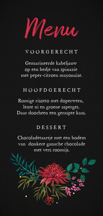 Menukaart met rode bloemen voor een sfeervol kerstdiner Achterkant