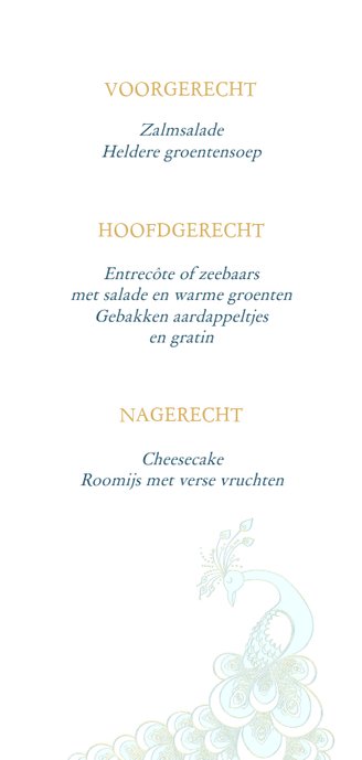Menukaart sierlijke pauw wit/goud op blauw Achterkant