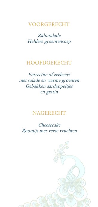 Menukaart sierlijke pauw wit/goud op blauw Achterkant