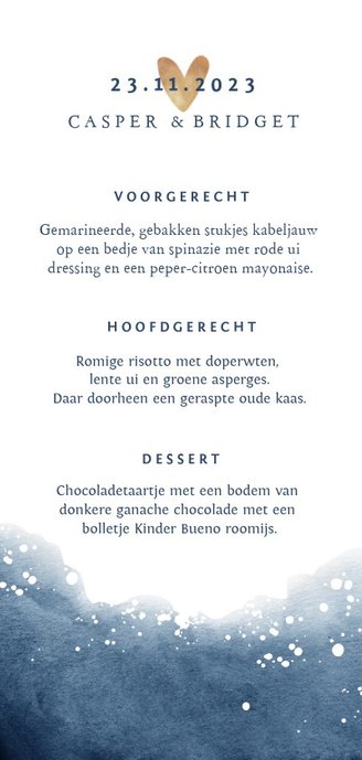 Menukaart stijlvol met inkt en goudaccent Achterkant