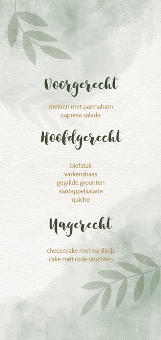 Menukaart takjes gouden hartjes en waterverf groen Achterkant