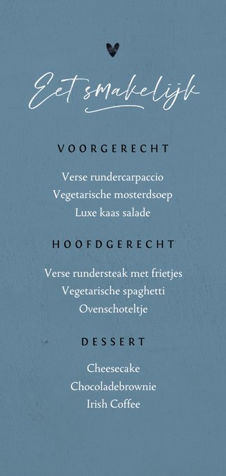 Menukaart trouwen blauw verf hartjes stijlvol Achterkant