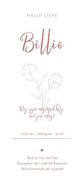Minimalistisch geboortekaartje outline bloem tekening meisje Achterkant