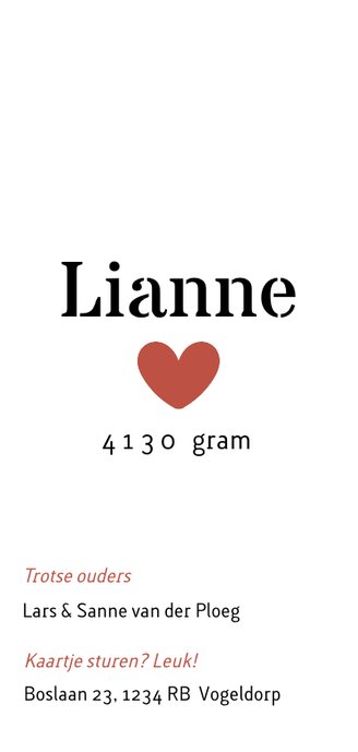 Minimalistisch strak geboortekaartje met hartje Achterkant