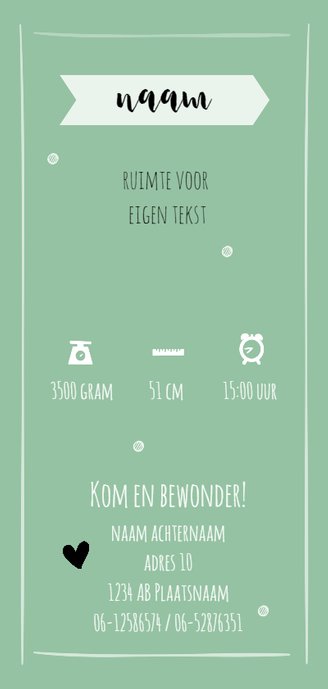 Mintgroen geboortekaartje met pijl Achterkant