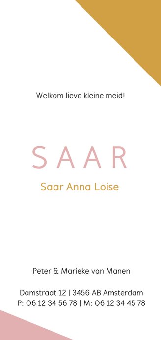 Modern geboortekaartje met roze en gele vlakken 3
