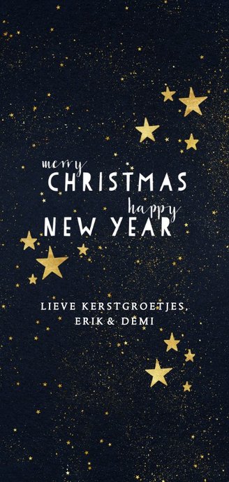 Moderne kerstkaart met typografie en gouden sterren Achterkant