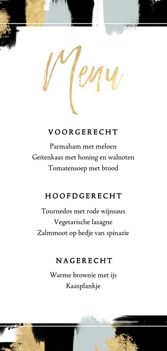 Moderne menukaart met verfstrepen en gouden typografie Achterkant