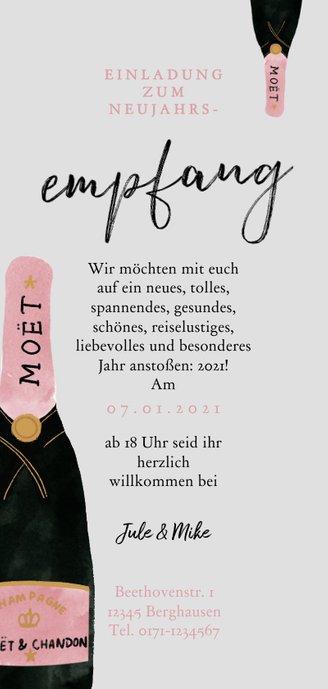 Neujahrsempfang Einladung Champagnerflasche Rückseite