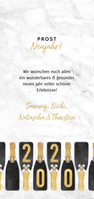 Neujahrskarte Champagnerflaschen und Jahreszahl 2020 Rückseite