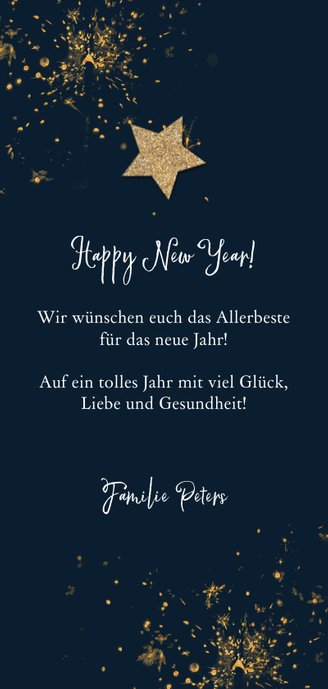 Neujahrskarte Feuerwerk, Foto und Stern Rückseite