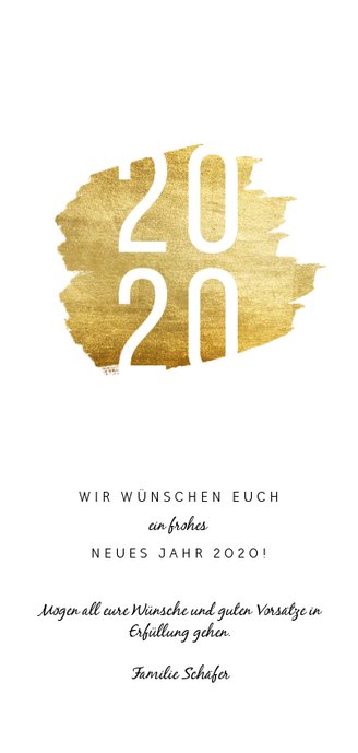 Neujahrskarte mit 2020 auf Goldfarbe Rückseite