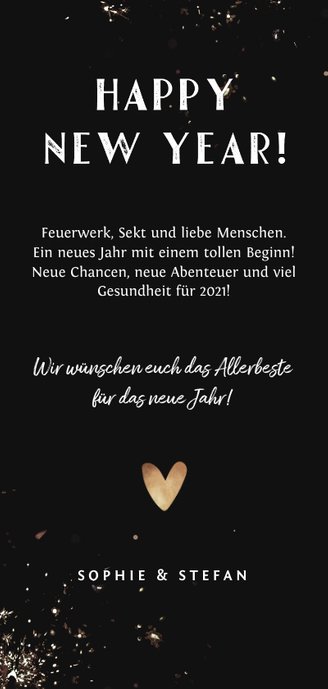 Neujahrskarte Typografie, Feuerwerk, Foto und Herzen Rückseite