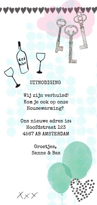 New Home felicitatiekaart met ballonnen, sleutels en foto 3