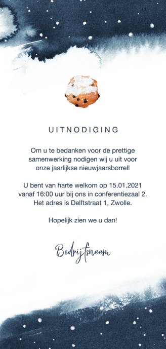 Nieuwjaar uitnodiging borrel waterverf oliebollen 2021 Achterkant