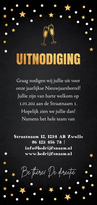 Nieuwjaarsborrel champagne uitnodiging confetti goudlook Achterkant