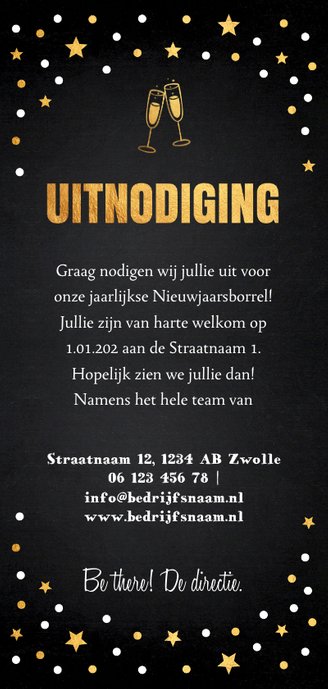 Nieuwjaarsborrel champagne uitnodiging confetti goudlook Achterkant