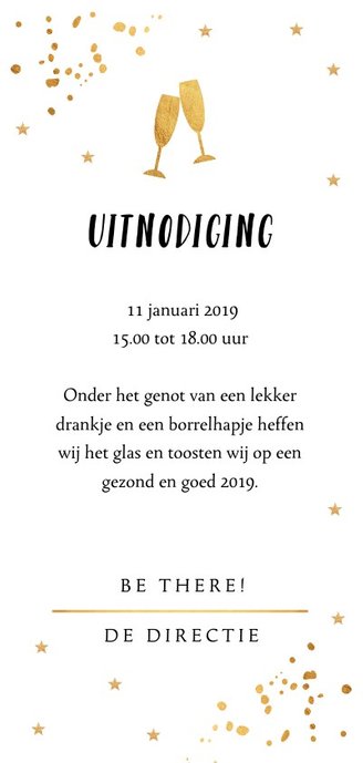 Nieuwjaarsborrel uitnodiging gouden confetti langwerpig Achterkant