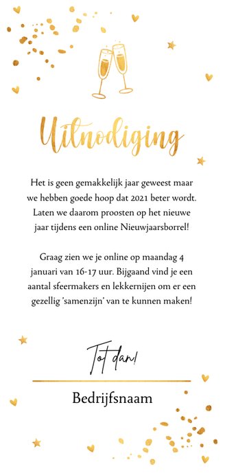Nieuwjaarsborrel uitnodiging goudlook confetti online Achterkant