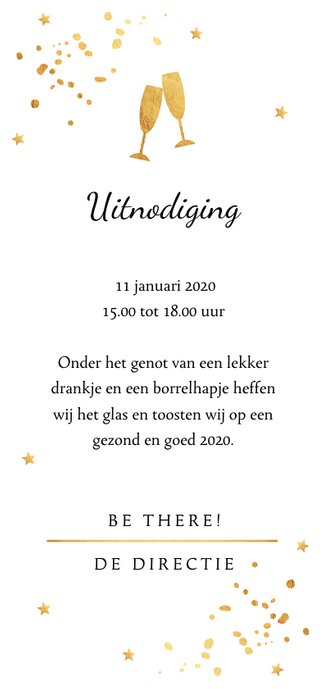 Nieuwjaarsborrel uitnodiging goudlook confetti Achterkant