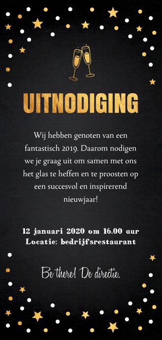 Nieuwjaarsborrel uitnodiging zwart confetti champagne Achterkant