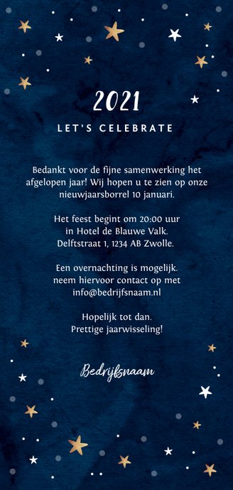 Nieuwjaarskaart borrel goudlook blauw met sterren Achterkant