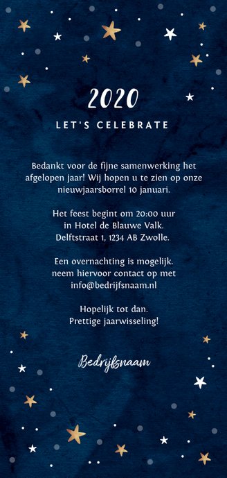 Nieuwjaarskaart borrel goudlook blauw met sterren Achterkant
