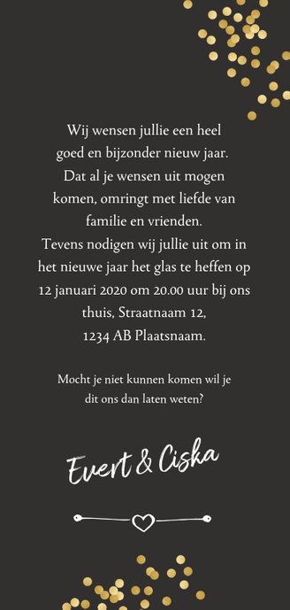Nieuwjaarskaart met confetti in goud en evt. uitnodiging 3