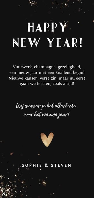 Nieuwjaarskaart met typografie, vuurwerk en foto Achterkant