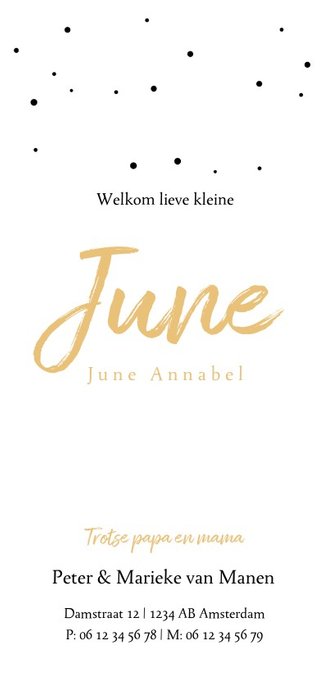 Okergeel geboortekaartje met kleine witte stipjes Achterkant
