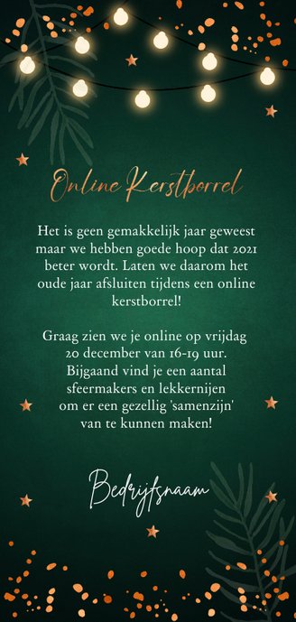 Online kerstborrel uitnodiging groen lampjes koperlook Achterkant