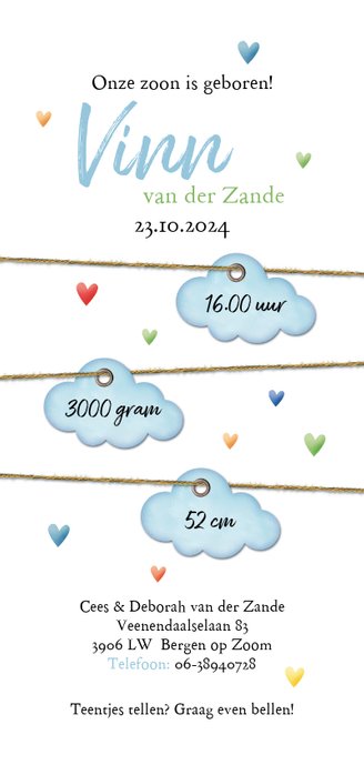 Op een blauwe wolk met regen van hartjes geboorte Achterkant