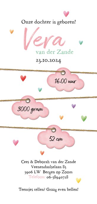 Op een roze wolk met regen van hartjes geboorte Achterkant