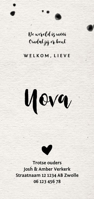 Papierlook geboortekaartje met label en spetters 3
