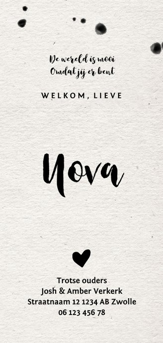 Papierlook geboortekaartje met label en spetters 3