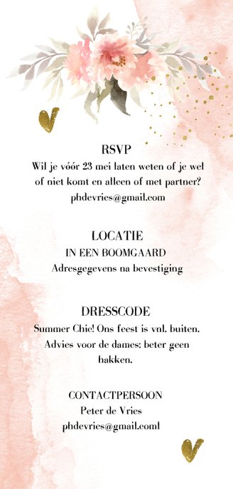 Romantische trouwkaart met watercolor bloemen Achterkant