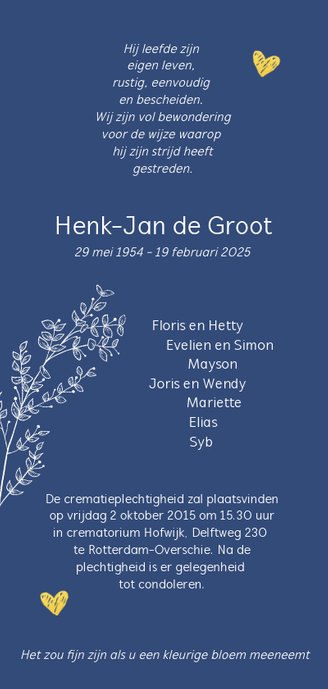 Rouwkaart -langwerpig stijlvol met foto bloemen Achterkant