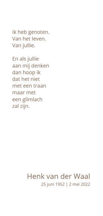 Rouwkaart Vier het leven met beeld van meeuw Achterkant