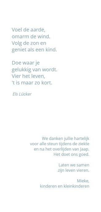 Rouwkaart Vier het leven met portretfoto Achterkant