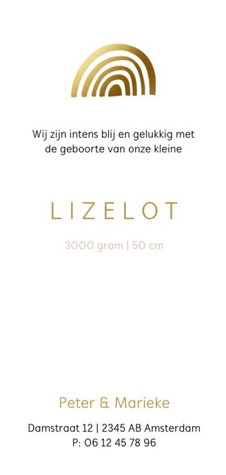 Roze geboortekaartje met goudlook regenboog Achterkant