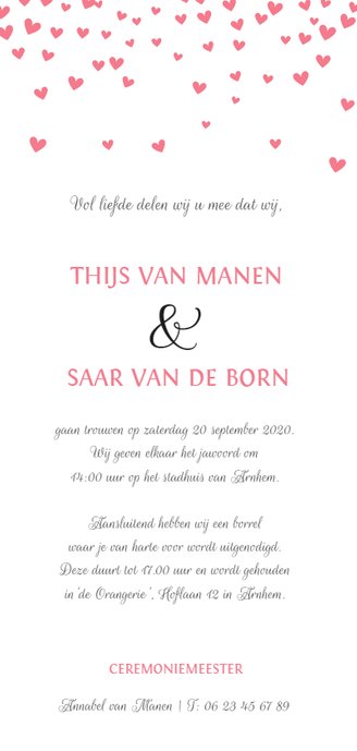 Roze hartjes regen trouwkaart Achterkant