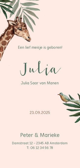 Roze jungle geboortekaartje met giraf en bladeren Achterkant
