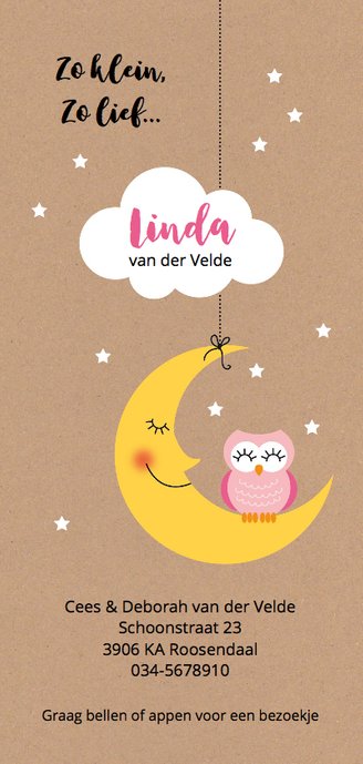 Roze uil op maan met wolk en sterretjes Achterkant